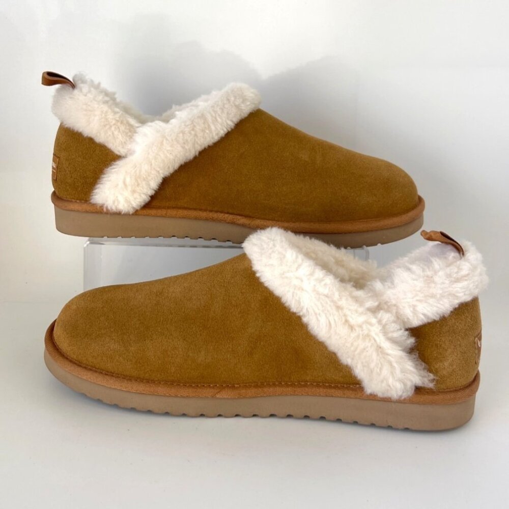 Koolaburra Chestnut Brown Suede Shearling Clog Booties - Picture 3 of 8